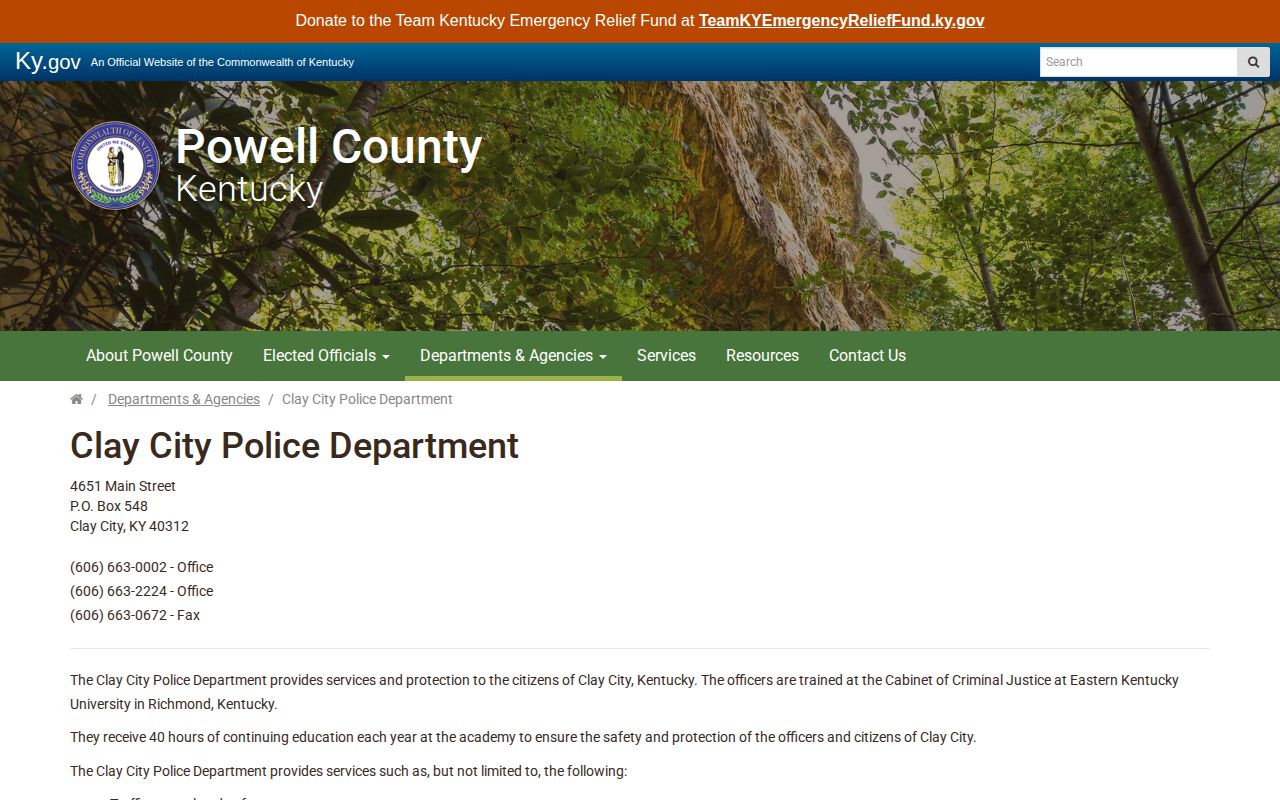 Captured official Clay City Police Department webpage with agency contact and service details