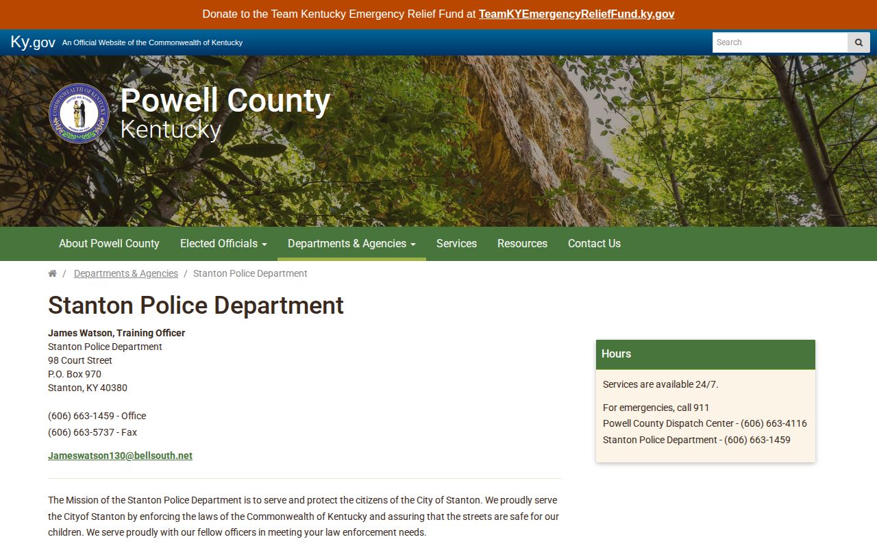 Captured official Stanton Police Department webpage with city police contact and service information
