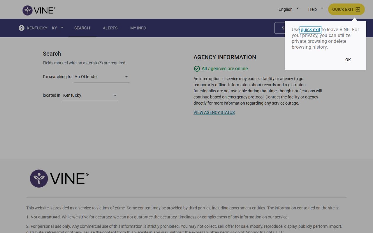 VINELink Kentucky person custody search screen