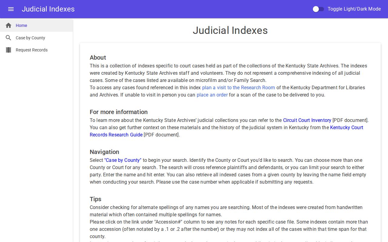 Kentucky Judicial Indexes county and court search interface