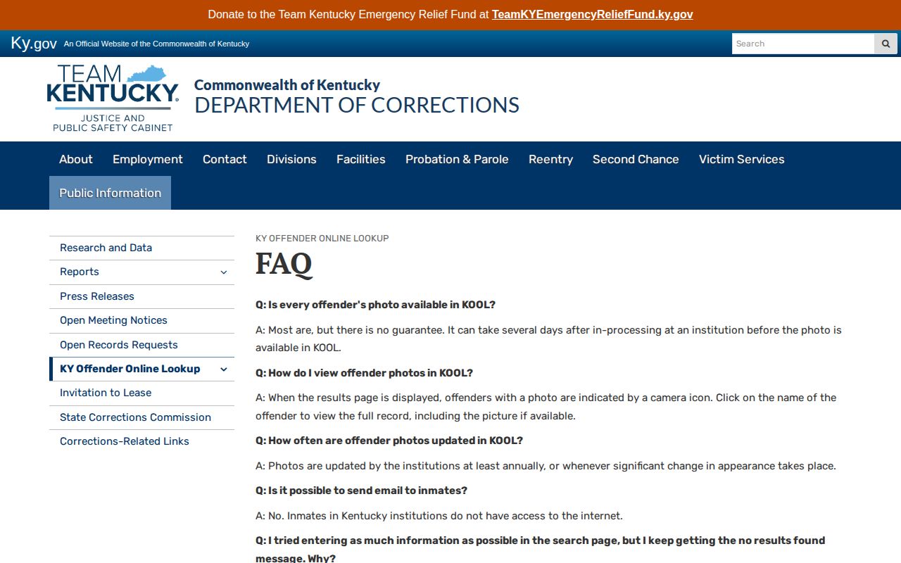 Kentucky Offender Online Lookup FAQ about offender records and photographs
